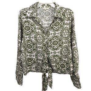 Haute Hippie Cropped Front Tie Collared Long Sleeve Top Size L Large Linen Blend